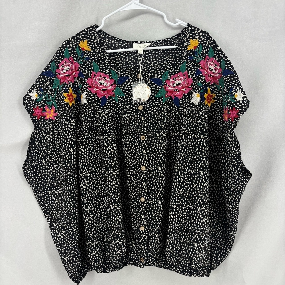 NWT ODDY Women’s 3XL Black Floral Embroidered Blouse Short Sleeve Top Plus Size